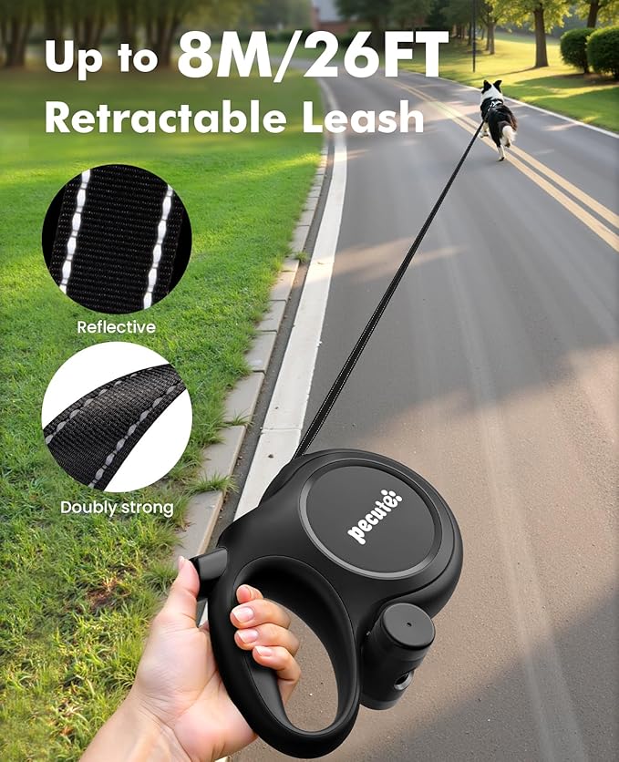 26ft Retractable Dog Leash, Heavy Duty Retractable Pet Leash with Poop Bag Holder, Anti-Slip Soft Grip, Reflective Dog Leashes for Medium Dogs Large Dogs up to 110 lbs(Black)