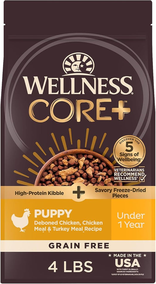 Wellness CORE+ Puppy Dry Dog Food with Freeze Dried Pieces, Grain Free, High Protein, Natural, Chicken & Turkey Recipe, (4-Pound Bag)