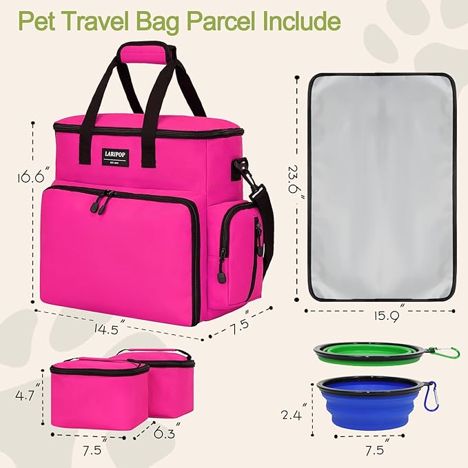 Dog Travel Bag,Weekend Pet Travel Bag Set for Dog and Cat,Airline Approved Tote Multi-Function Dog Bags for Traveling,Include 2 Collapsible Bowls,2 Food Storage Containers,1 Feeding Mat,Red