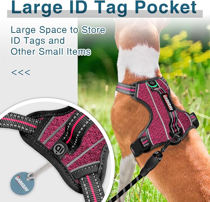 BARKBAY Dog Harness No Pull with ID Tag Pocket - Heavy Duty, Reflective, Easy Control for Large Dogs(Pink/Black,S)