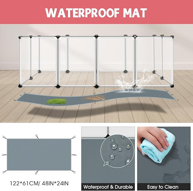 32 Panels Small Animal Playpen, 48" x 32" x 24" Transparent Playpen with Waterproof Mat,Plastic Enclosure,Puppy Play Pen for Chicken,Pet Fence for Guinea Pigs,Bunny,Ferrets,Hamsters,Hedgehogs Indoor