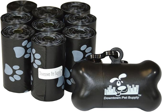 Downtown Pet Supply Poop Bags for Dogs with Dispenser, 180 Count - Leak-Proof Dog Waste Bags and Bone-Shaped Dog Poop Bags Holder for Leash - Black with Paw Prints, 12.5" x 8.5"