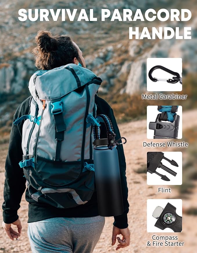 40 OZ Stainless Steel Water Bottle - with Straw, Leak Proof & BPA-Free, 40oz Insulated Water Bottles Thermal Flask Jug with Paracord Handle & Straw Spout Lids, Cold for 48 Hrs