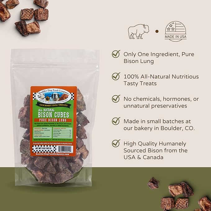 Bison Cubes Dog Treats - All Natural, Vet Approved, Single Ingredient, Grain Free, Healthy & Nutritious Treats for Dogs (Bison Lung, 5oz)