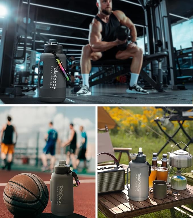 68 oz Collapsible Water Bottles With Straw, Half Gallon Water Bottle With Motivational Time Marker, Large Reusable Silicone Water Jug With Paracord Handle For Sports, Outdoors (White)