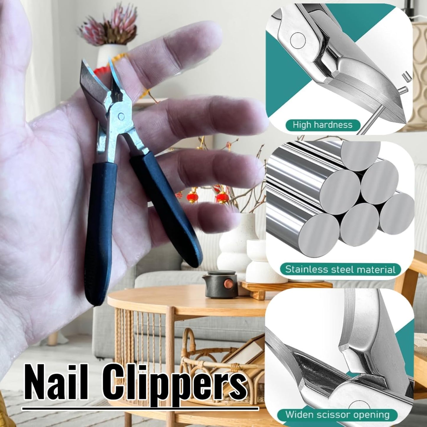 3Pc/Set Eagle Beak Beveled Nail Clippers, Eagle Beak Nail Clippers for Thick Nails, Long Handle Wide Jaw Opening Anti-Splash Slanted Nail Clipper for Men&Women (Black)