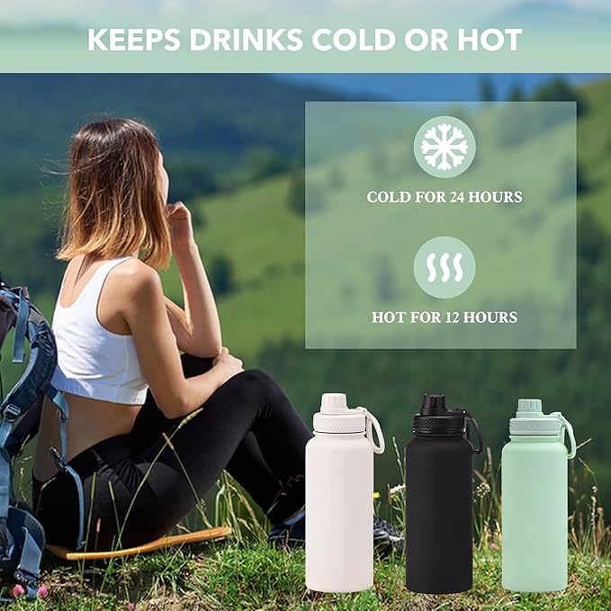 Mint Green 32 OZ Insulated Water Bottle, Large Metal Insulated Stainless Steel Water Flask, Big Sports Travel Water Bottle with 2 Lids, Insulated Sage Green Thermos Thermal Mug Cup