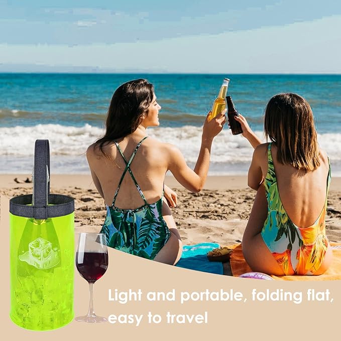 Ice Bag Collapsible wine Cooler Bag, Ice wine Bag Collapsible Clear wine Cooler Bag PVC wine Pouch Bags, for Party, Camping, Picnic, Chilled Champagne, White Wine, Beer (Fluorescent green)