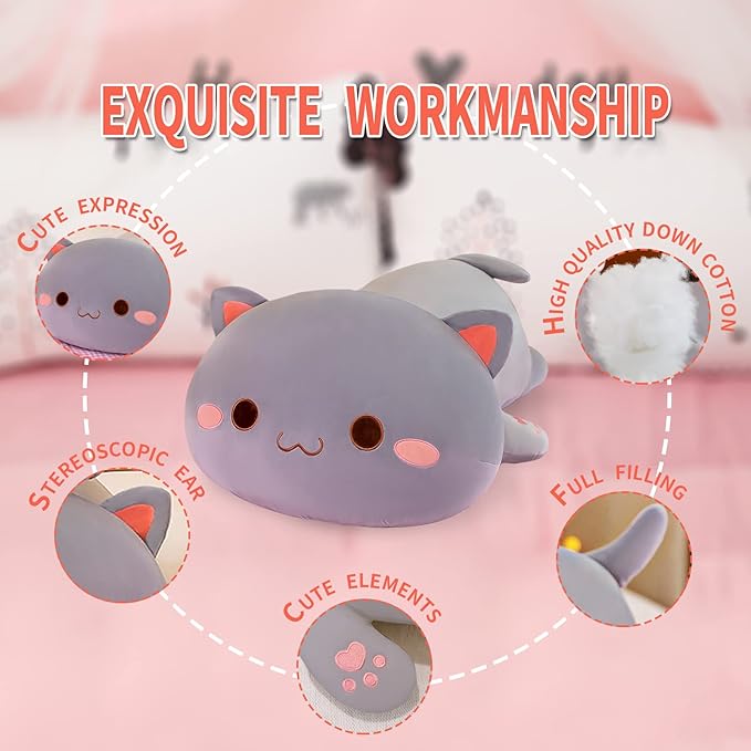 FUYU Cat Stuffed Animals, Soft Cat Plush Pillow Kawaii Kitten Stuffed Animal Toy Gifts for Kids Boys Girls Room Decor (Grey Round Eyes,27in/67cm)