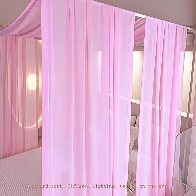 AIKASY Pink Bed Canopy Scarf for Full/Queen - Luxury Sheer Canopy Bed Curtains with Light - Suitable for Four-Poster Bed, Metal Bed Frame, Wood Bed Frame -2pic