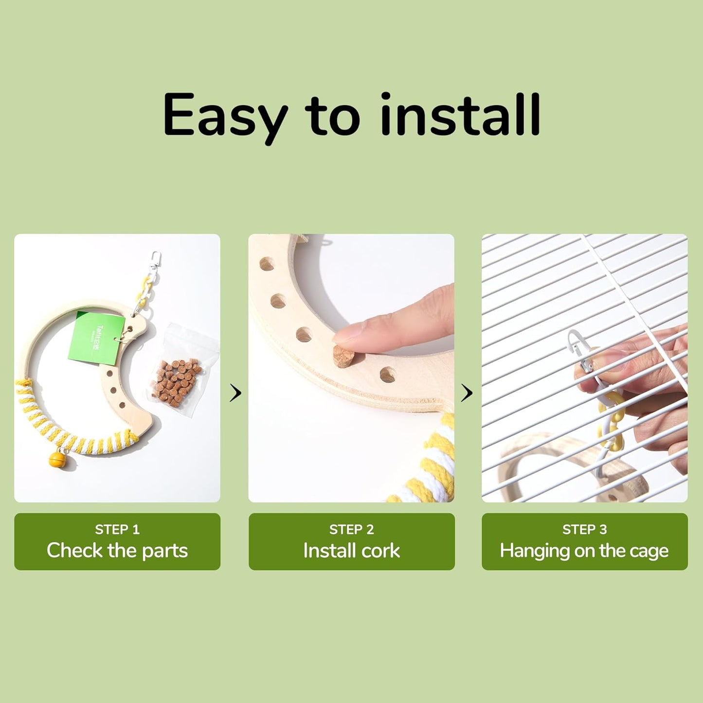 Natural Bird Swing - Moon-Shaped Parrot Perch with Bell and Cork Toys, Spinning Wooden Stand for Parakeets, Budgies, Lovebirds and Small/Medium Birds (White + Yellow)