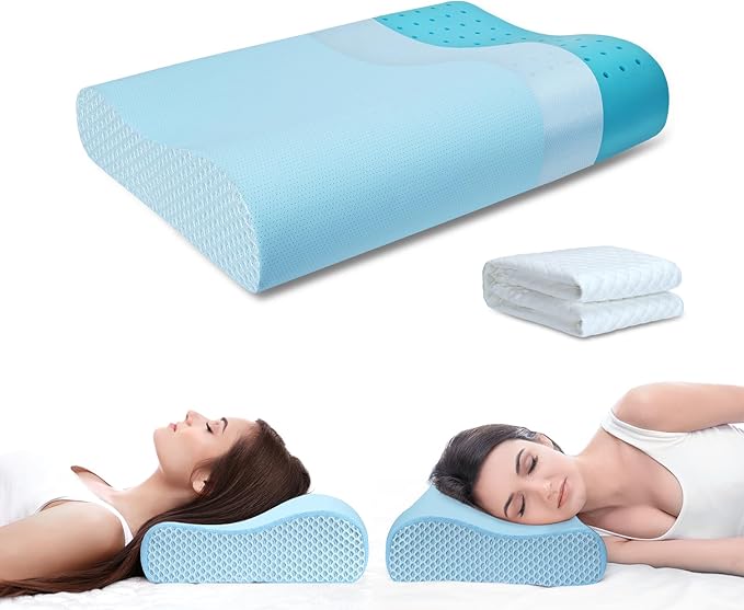 Neck Pillow Memory Foam pillows - Cooling Neck Support Pillow for Pain Relief, Ergonomic Cervical Pillow for Sleeping, Orthopedic Contour Bed Pillow for Side Back Stomach Sleepers-Blue