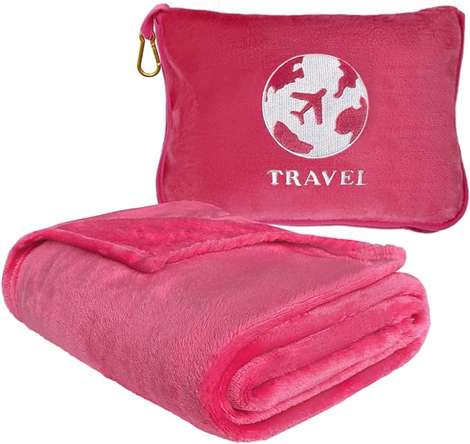 Bnuitland Travel Blanket and Pillow 2 in 1, Soft Flannel Airplane Blanket in Bag Compact-Long Flight Essential for Adults and Kids, Portable Luggage Sleeve and Backpack Clip, 65×40 inch Hot Pink