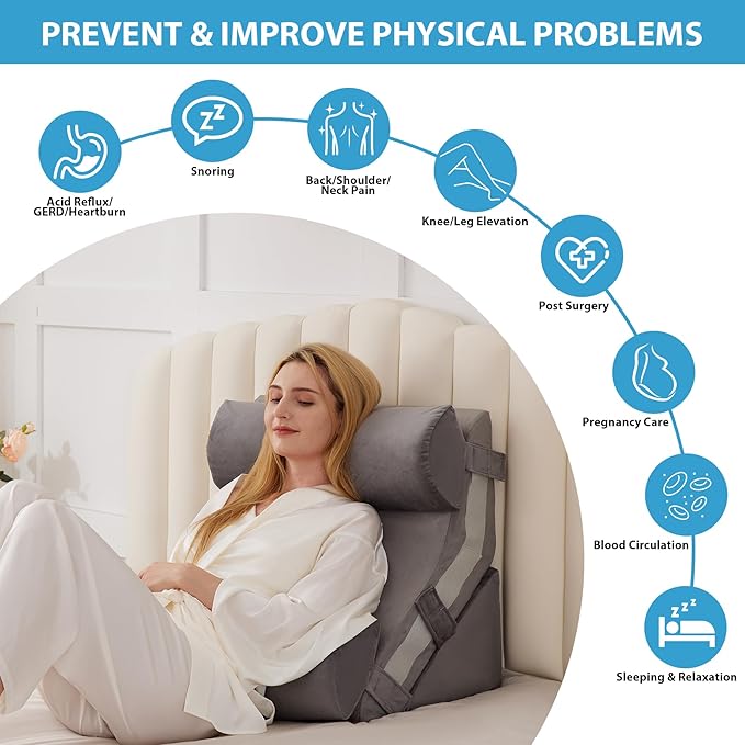 4pcs Orthopedic Bed Wedge Pillow Set, Memory Foam Post Surgery Pillow for Back, Leg Pain Relief, Adjustable Pillow Wedge for Sleeping, Bed Sitting up, Acid Reflux, GERD & Snoring, Grey