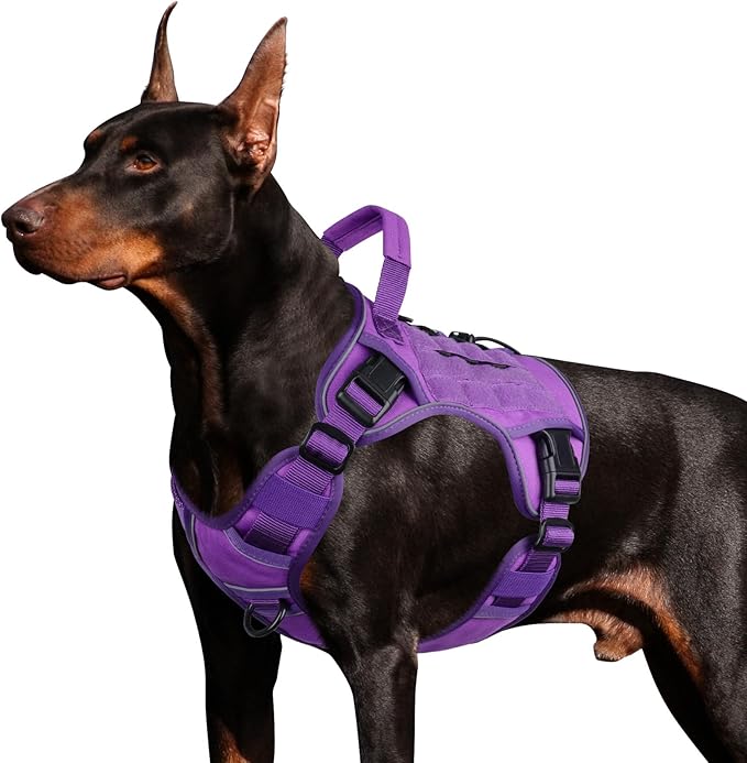 WINGOIN Purple Tactical Dog Harness for Large Dogs, Heavy Duty No Pull Dog Harness with Handle, Adjustable Reflective Military K9 German Shepherd Big Size Dog Vest for Walking, Training, Hunting (L)