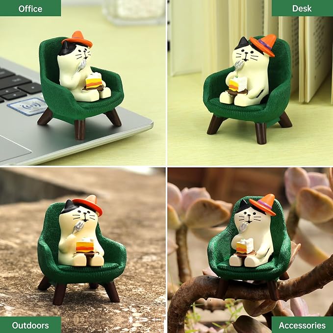 Mini Cat Eating Cake Figurine Resin for Cat Lovers - Green Sofa
