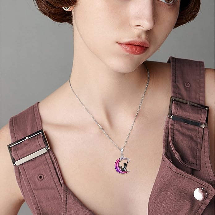 925 Sterling Silver Moon Black Cat Necklace for Women - Tree of Life Jewelry with Abalone Stone - Cat Lover Birthday Gift