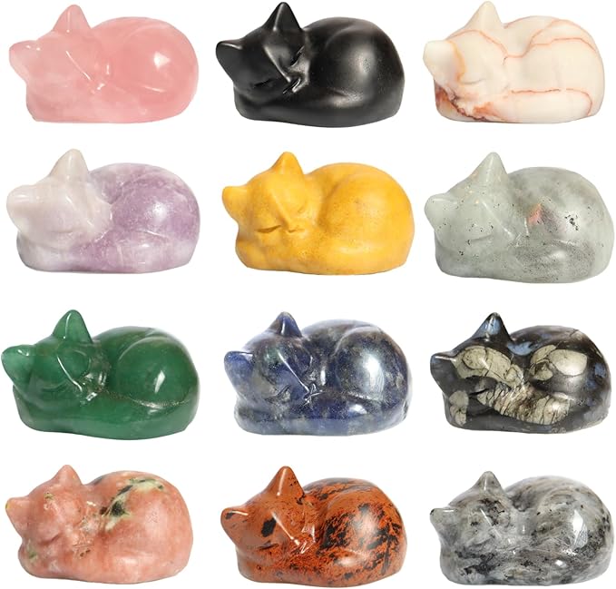 Crystal Cat Figurine, Mix 6PCS Sleeping Kitty Cat Collectibles Lucky Cat Statues, Stone Carving Cat, Black Obsidian Polished Crystal Cat Decoration Animal Figurines 1.5"