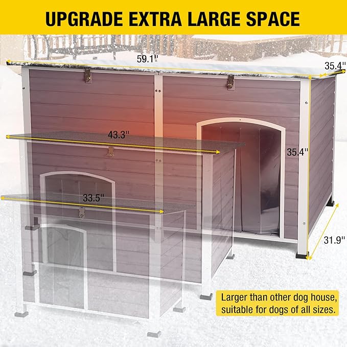 Aivituvin Large Dog House with Insulated Liner for Outdoor, Waterproof Outsides Heated Dog Kennel for Small Medium Large Dog with All-Around Iron Frame