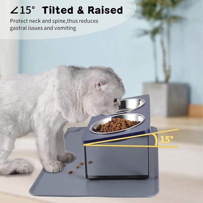 Upgraded Elevated Cat Bowls with Food Mat,15°Tilted Stand Anti Vomiting Raised Cat Dishes for Food and Water,2 Stainless Steel Bowls for Cats and Puppies（Navy Blue）