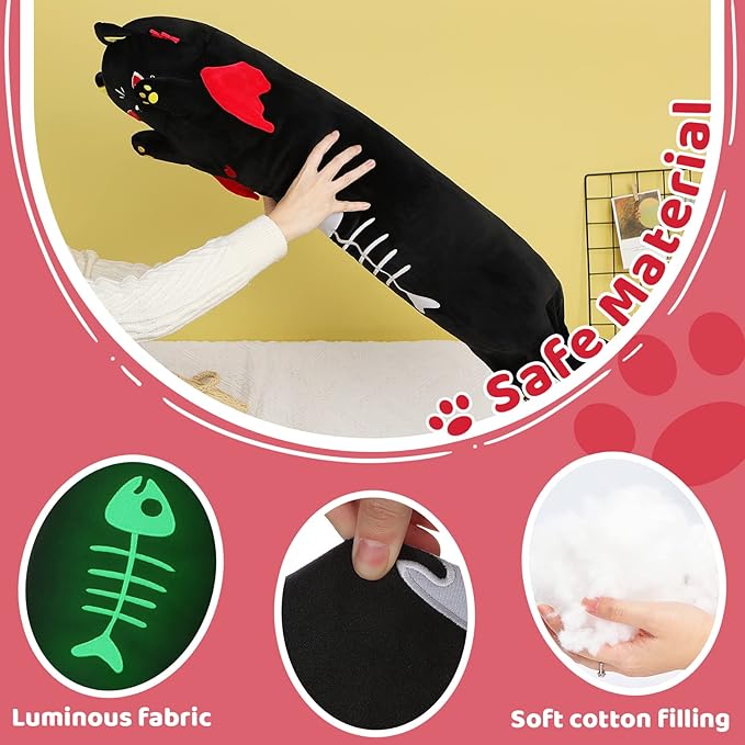 AIXINI Long Cat Plush Pillow Luminous Light Up Black Cat Stuffed Animals, Soft Kawaii Kitten Plushies Pillow Toy for Kids (Luminous,27.5inch)