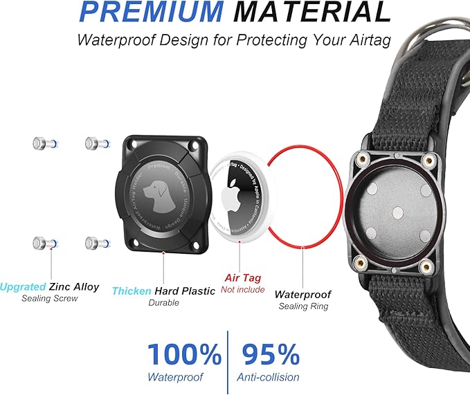 Waterproof Airtag Dog Collar - Nylon Collar with Durable Airtag Holder, Reflective&Anti-Lost with Safety Metal Buckle, Soft Padded Adjustable for Small Medium Large Dogs Black XL