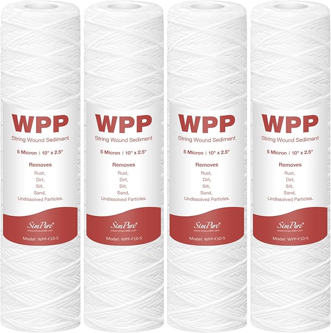 5 Micron 10" x 2.5" String Wound Whole House Water Filter Cartridge for Well Water, SimPure Sediment Filter Replacement for Housing DB1025 AP110 (4 Pack)