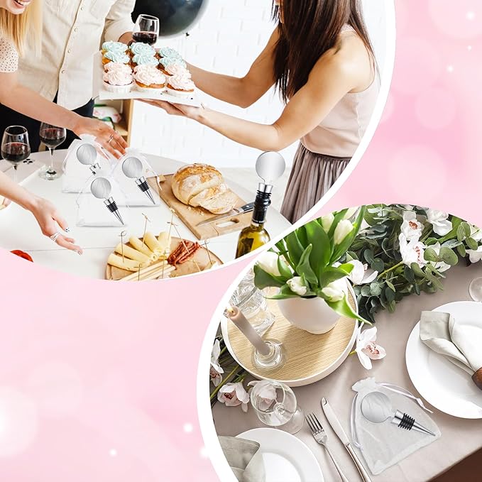 24 Sets Wine Stopper for Wine Bottles Wedding Wine Stopper Champagne Bottle Stoppers Beverage Bottle Stoppers with White Sheer Organza Bags Wedding Party Favor for Guests (Silver)