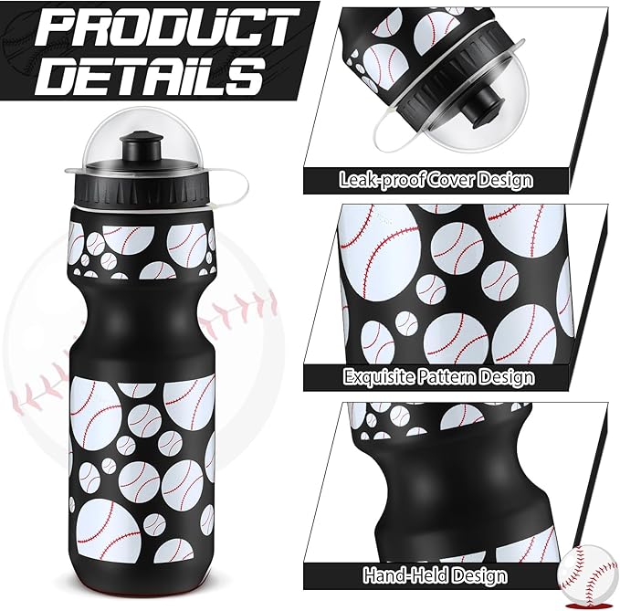 24 Pcs 24 oz Baseball Water Bottle Bulk and Drawstring Bag Set 12 Reusable Plastic Biking Water Bottle Tumbler 12 Sport Gym Goodie Gift Bag for Party Favor (Black)