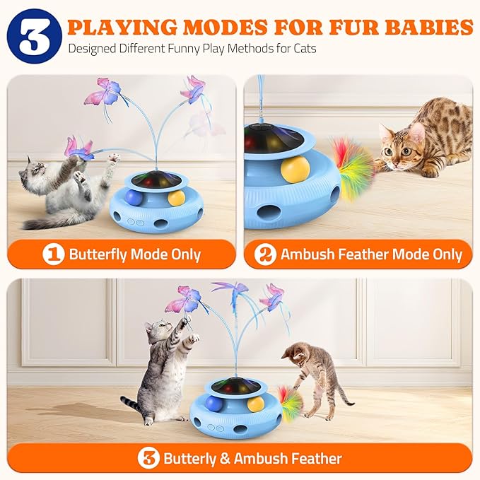 Interactive Cat Toy: 3 in 1 Automatic Cat Toy for Indoor Cats, Electric Kitten Toy with Rechargeable Battery, Self Play Kitty Toys with Rotating Fluttering Butterfly,Track Ball and Ambush Feather,Blue