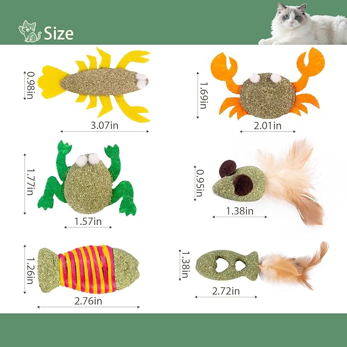 6-Pack Diverse Shaped Catnip Cat Toys - Suitable for Indoor Cats & All Cat Breeds, Including Frog, Lobster, Feather Fish, Striped Fish, Crab & Mouse Shapes