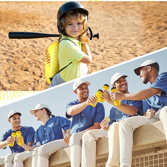 24 Pcs 24 oz Baseball Water Bottle Bulk and Drawstring Bag Set 12 Reusable Plastic Biking Water Bottle Tumbler 12 Sport Gym Goodie Gift Bag for Party Favor (Yellow)