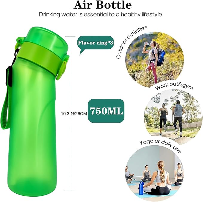 Air Water Bottle,750ML Scent Water Cup with 3 Flavour Pods,Leak Proof Sports Water Cup with Straw Suitable for Outdoor Sports,Gifts From Friends, Birthday Gifts (New Green + 3pods)