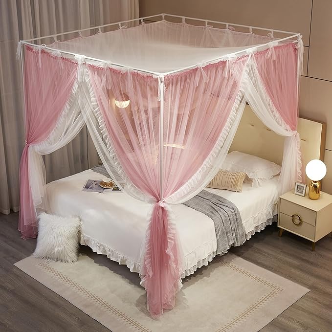 4 Corners Post Princess Curtain Bed Canopy Lace Up Double Layer 4 Opening Mosquito Net Mesh for Girls Bedroom Decoration(Pink/White, 64" W*82" L*82" H/Queen)