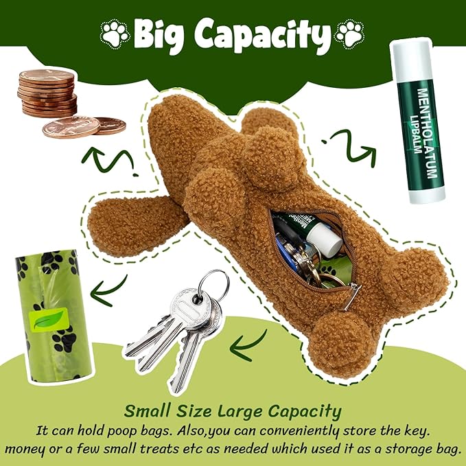 Dog Poop Bag Holder Zippered Pouch- Soft Fabric Waste Bag Dispenser with Metal Clip and 135 (9 Rolls) of Trash Bags for Walking Dog and Cats Litter- Leak Proof