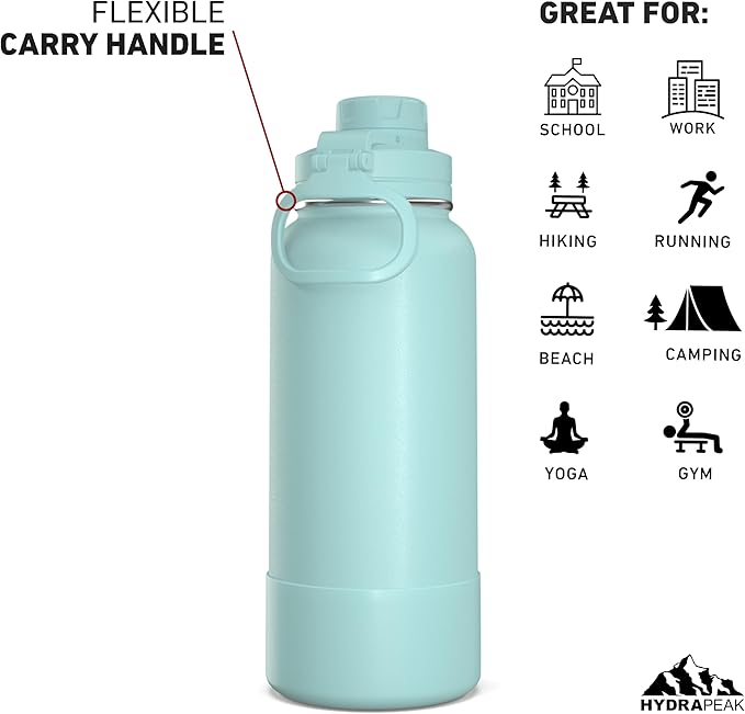 Hydrapeak 32oz Sport Insulated Water Bottle with Chug Lid, Premium Stainless Steel Water Bottles, Leak & Spill Proof, Keeps Drinks Cold for 24 Hours, Hot for 12 Hours (32oz, Aqua)