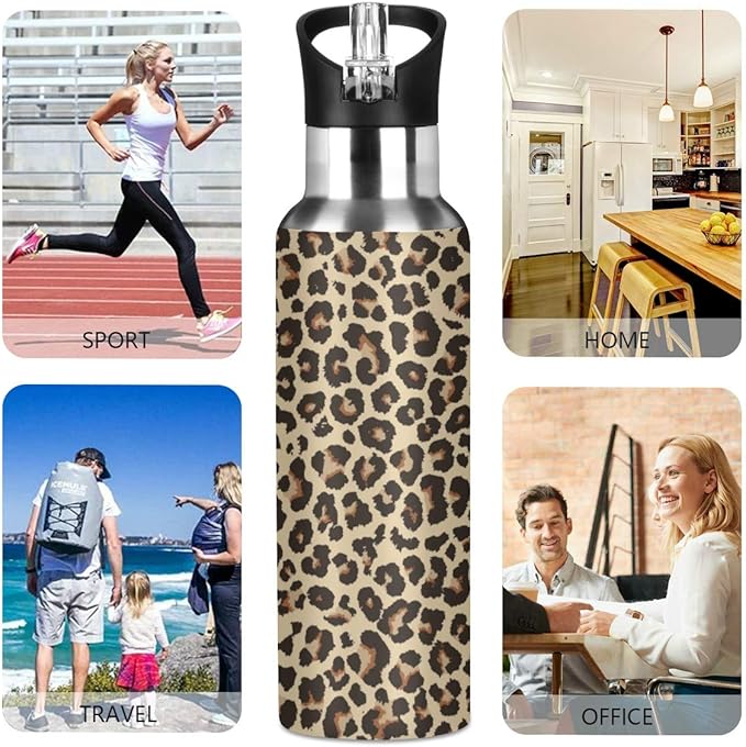 Leopard Water Bottle with Straw Lid for Fitness Gym Camping Outdoor Sports, Wide Mouth Vacuum Insulated 18/8 Stainless Steel, 22 oz