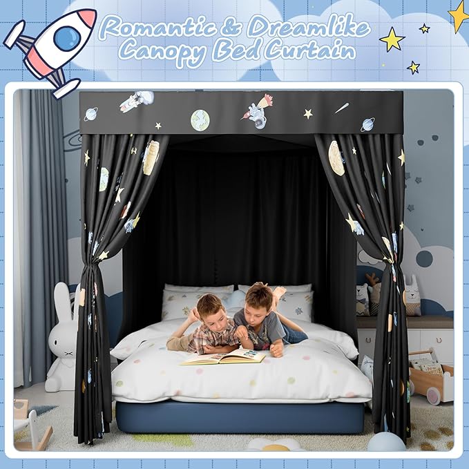 Hvqic Black Canopy Bed Curtains - 4 Corner Post Bed Curtains Queen Bed Curtains Lightproof Drapes Bed Canopy for Adults & Girls Bedroom Decoration(Queen,Black-Planet)
