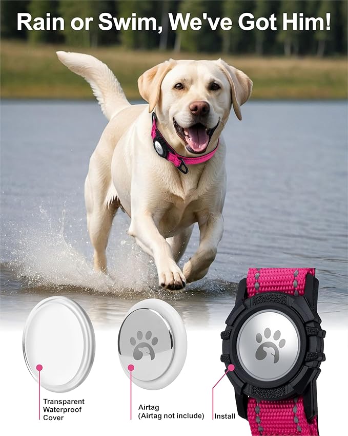 TagME Airtag Dog Collar,Waterproof Reflective Pet Collar with Airtag Holder,Soft Padded and Double D-Rings for Extra Large Dogs,Hot Pink