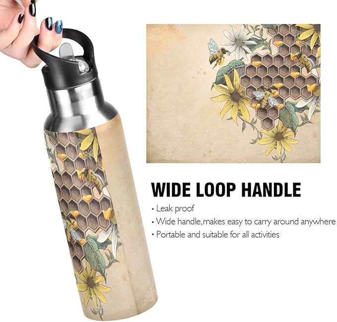 ALAZA Honey Bee Retro Floral Water Bottle With Straw Lids Boys Girls,Vacuum Insulated Leakproof Stainless-Steel Sports Bottle Thermal Flask For Gym Yoga Camping,34Oz (1000Ml)