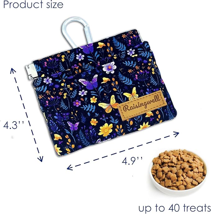Dog Treat Pouch, Pocket Sized Pet Training Pouch, Cotton Fabric, Hand Free Purple Flower Dog Walking Bag with Carabiner, Self-Closing Pet Feed Snack Reward, for Puppy Travel or Outdoor Use