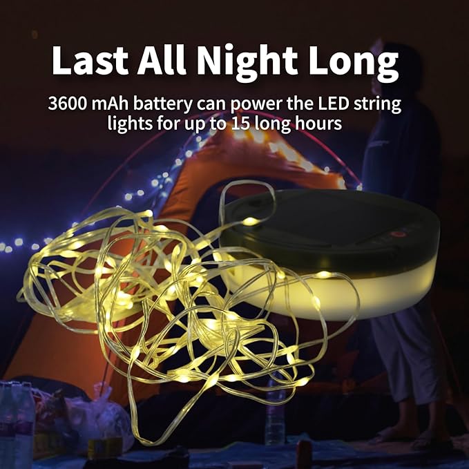 Solar Camping String Lights, 2 in 1 Solar Battery String Light Lantern Waterproof 39.4ft 8 Modes, Solar String Lights for Camping 3600mAh Rechargeable String Lights