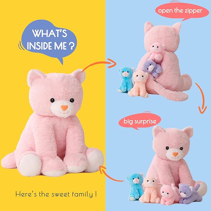 5 Pieces Cat Stuffed Animals for Girls, 1 Mommy Cat with 4 Babies, Soft Plush Cat Toy Set for Kids 3-9, Gifts for Christmas, Birthday, Children's Day, Valentine's
