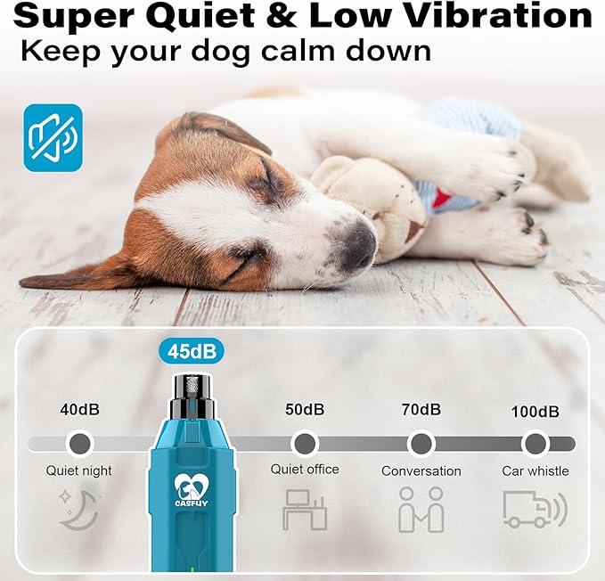 Casfuy 6-Speed Dog Nail Grinder - Newest Enhanced Pet Nail Grinder Super Quiet Rechargeable Electric Dog Nail Trimmer Painless Paws Grooming & Smoothing Tool for Large Medium Small Dogs (Bright Blue)