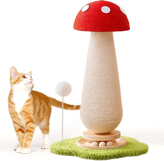 Mushroom Cat Scratching Post Cat Tree, 21.5‘’ H Cute Cat Scratcher Tower with Durable Solid Wood Turntable Toy, Mushroom Scratch Post Cat Sisal Scratcher with Catnip for Indoor Adult Cats