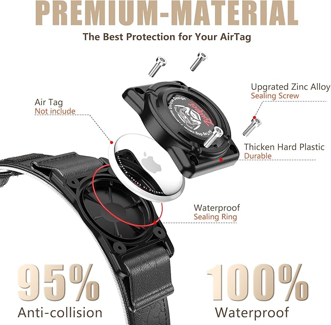 AirTag Dog Collar - Leather Dog Collar with Airtag Holder | IP68 Waterproof AirTag Holder with Metal Buckle, Comfortable GPS Dog Collars Tracker for Medium Large Dogs (Black, XL)