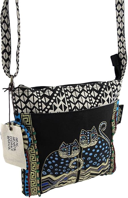 Laurel Burch LB4315 Crossbody Tote with Zipper Top, Spotted Cats Black
