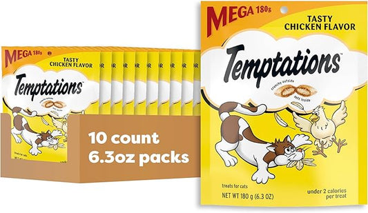 Temptations Classic Crunchy and Soft Cat Treats, Tasty Chicken Flavor, 6.3 oz. Pouch, (Pack of 10)