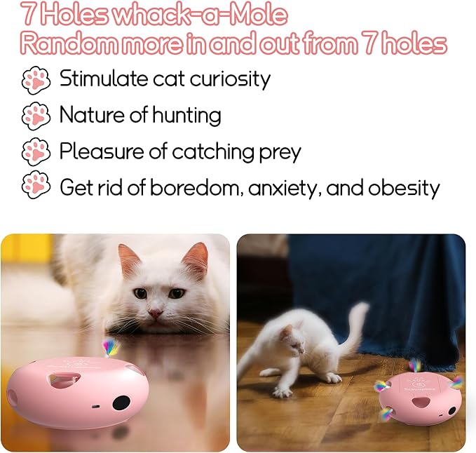 Interactive Cat Toy, Electric Cat Toys for Moving Concealed Feathers, Smart Sensor 7 Holes Whack a Mole Feather Toy, USB Charge Automatic Kitten Toys, Pink