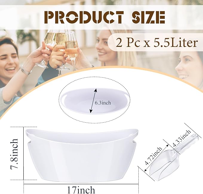 Ice Buckets for Parties, 2 PCS Acrylic Champagne Beverage with 2 Ice Bucket Scoop, Drinks Buckets Tub for Cocktail Bar, Long and Narrow 5.5 Liter Bucket for Party(5.5L) (White)